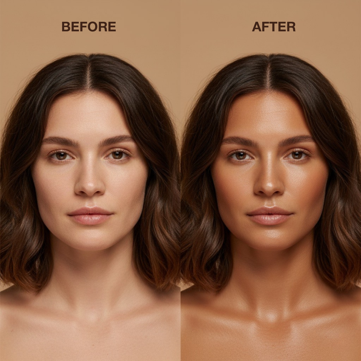 Before and after face tanning results showing natural golden tan achieved with Onyx Anti-Aging bronzing intensifier