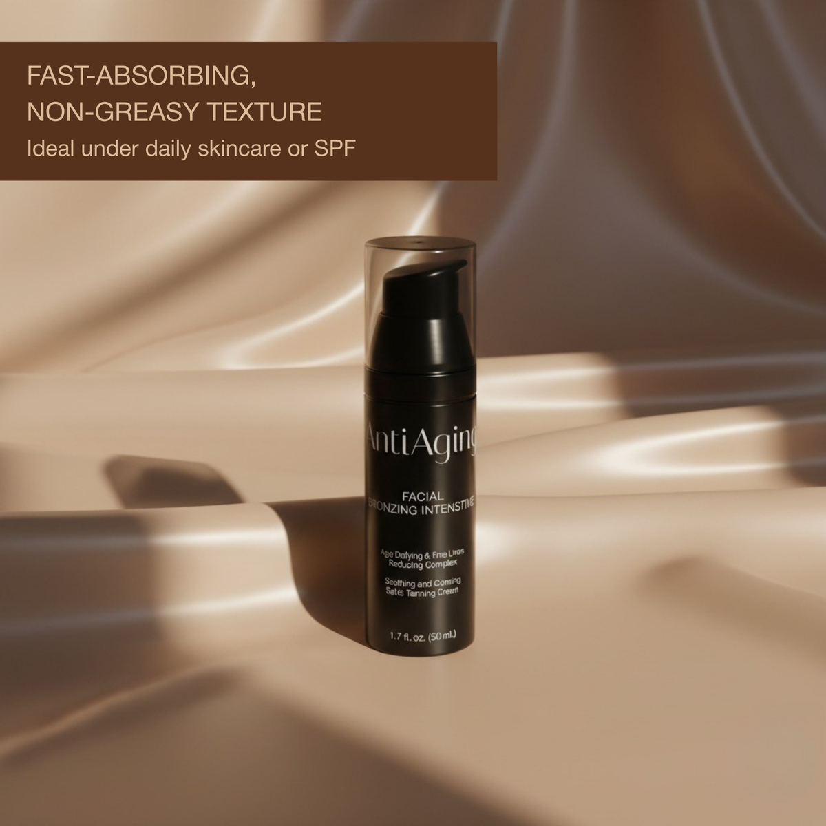 Onyx Anti-Aging Face Tanning Lotion bottle on satin surface showing fast-absorbing, non-greasy texture ideal under skincare or SPF