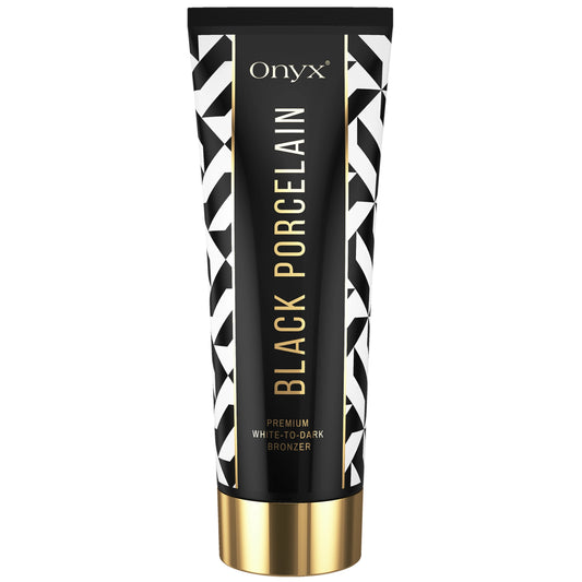 Onyx Black Porcelain cream standing upright on white background with gold cap