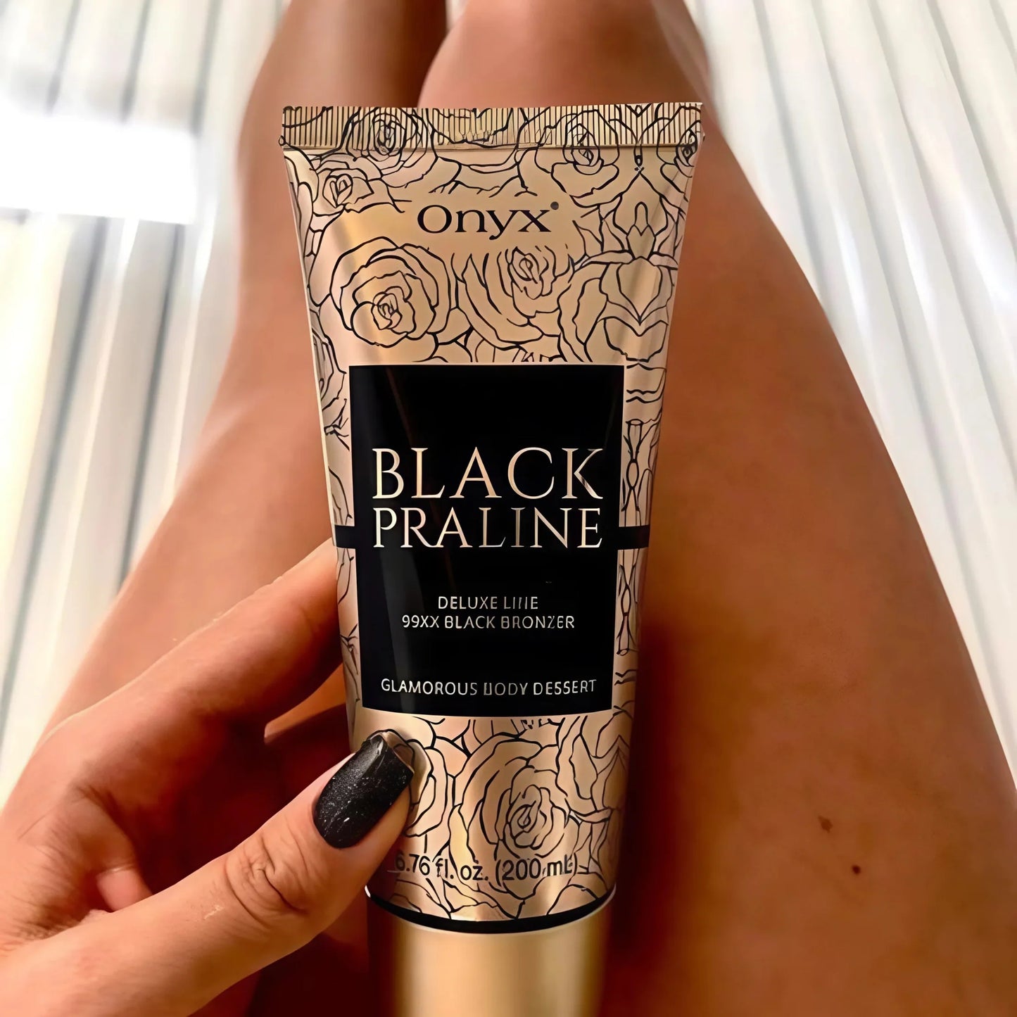 Close-up of legs on a sunbed, Onyx Black Praline tanning cream giving an even, deep bronze finish