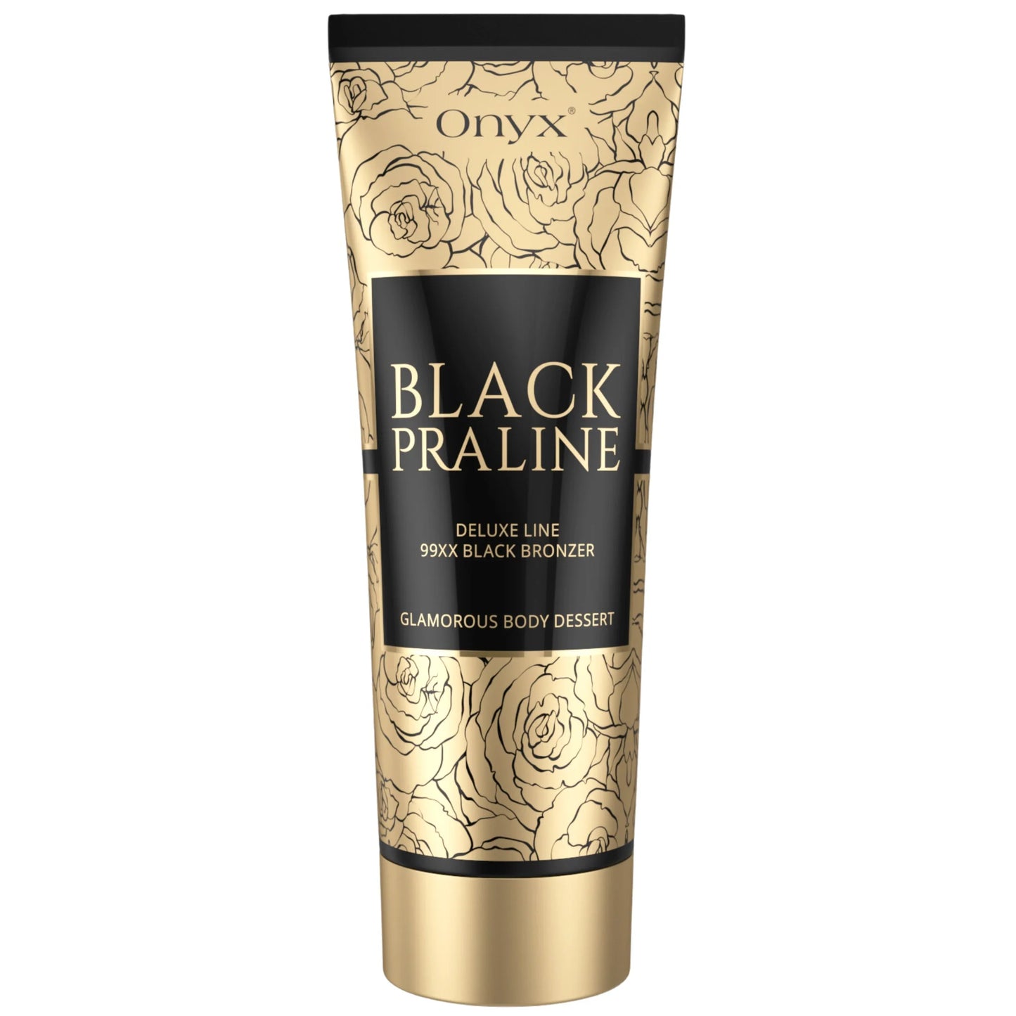Product shot of Onyx Black Praline tanning cream in a golden floral tube on a light background, elegant and refined design