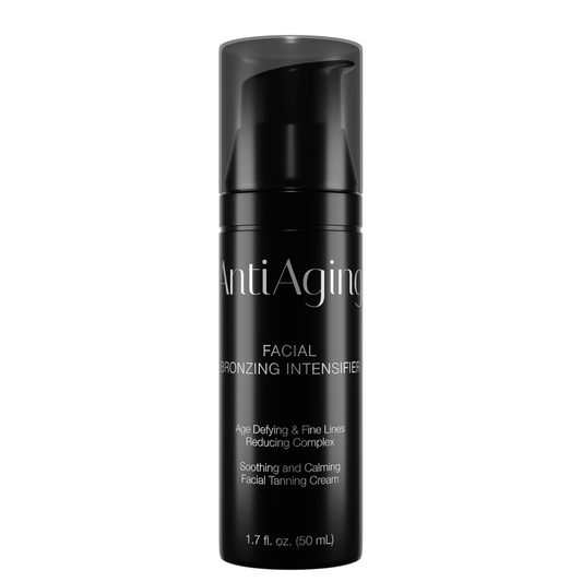 Front-facing product image of the AntiAging Facial Bronzing Intensifier in a 50 ml black pump bottle.