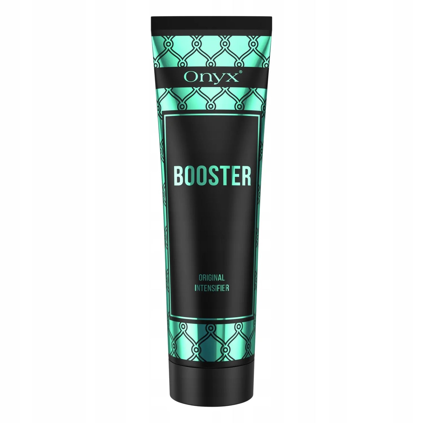 Onyx Booster tanning accelerator cream tube photographed upright against plain white backdrop
