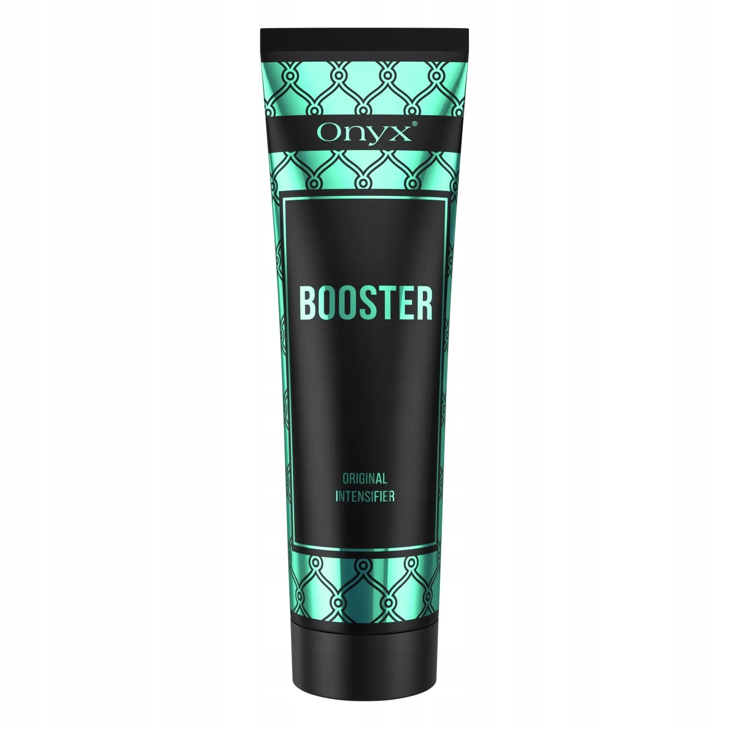 Onyx Booster tanning accelerator cream tube photographed upright against plain white backdrop