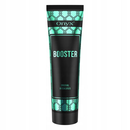 Onyx Booster tanning accelerator cream tube photographed upright against plain white backdrop