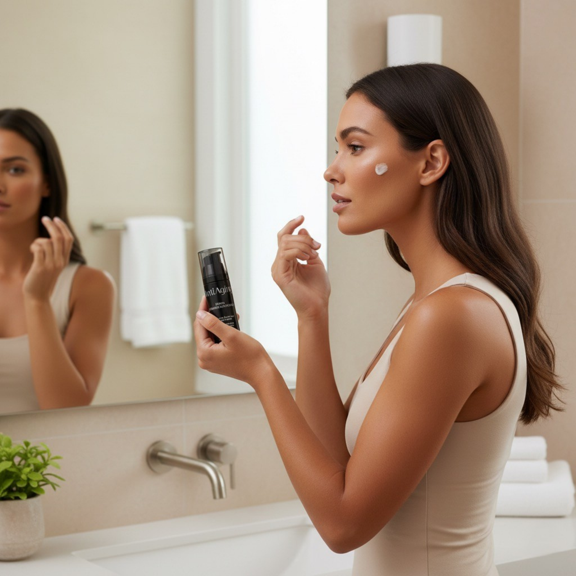 Woman applying Onyx Anti-Aging Face Tanning Lotion in bathroom mirror, gentle anti-aging bronzing cream for daily skincare