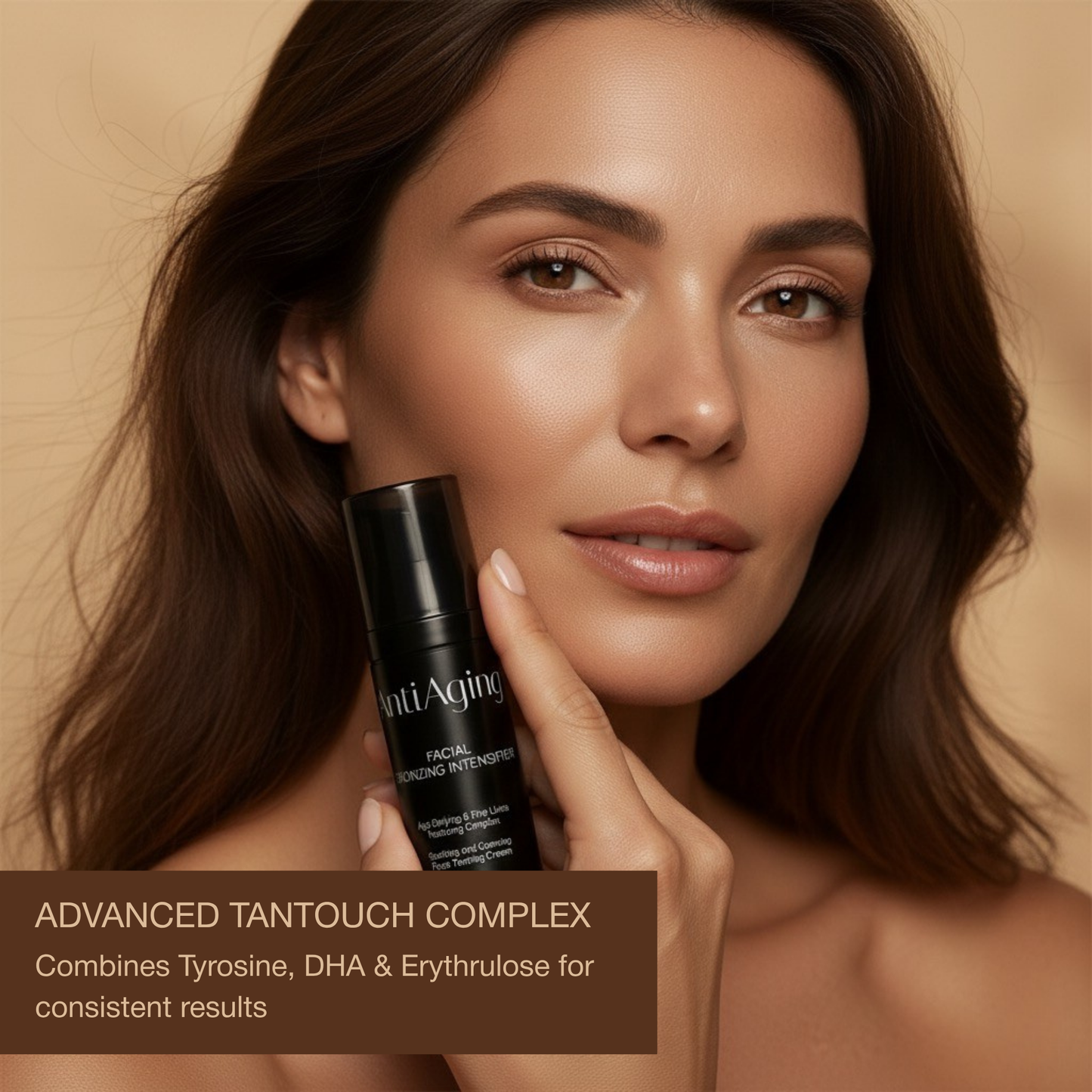 Model with Onyx Anti-Aging bronzing intensifier featuring advanced TanTouch Complex with Tyrosine, DHA, and Erythrulose