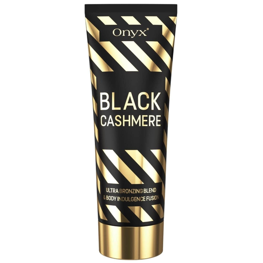 Product photo of Onyx Black Cashmere tanning cream in a black and gold tube against a light background, elegant and luxurious design