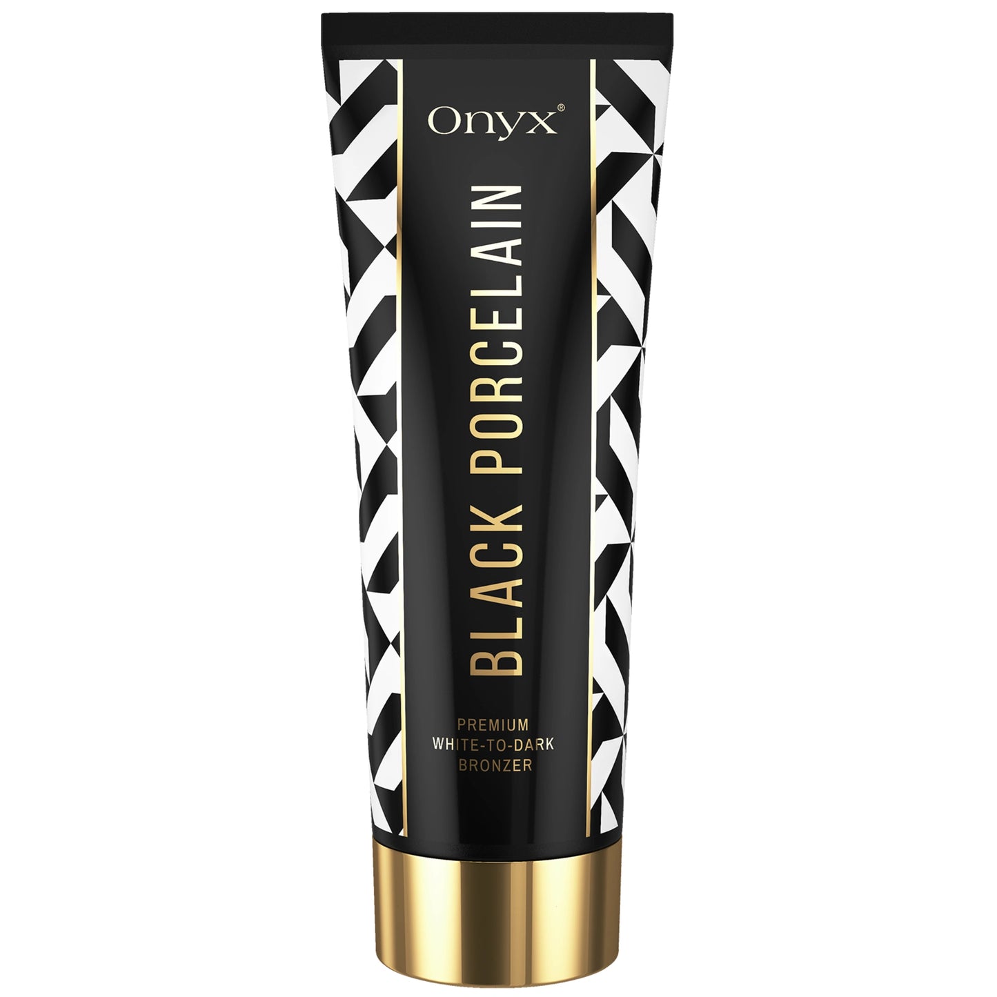 Onyx Black Porcelain cream standing upright on white background with gold cap