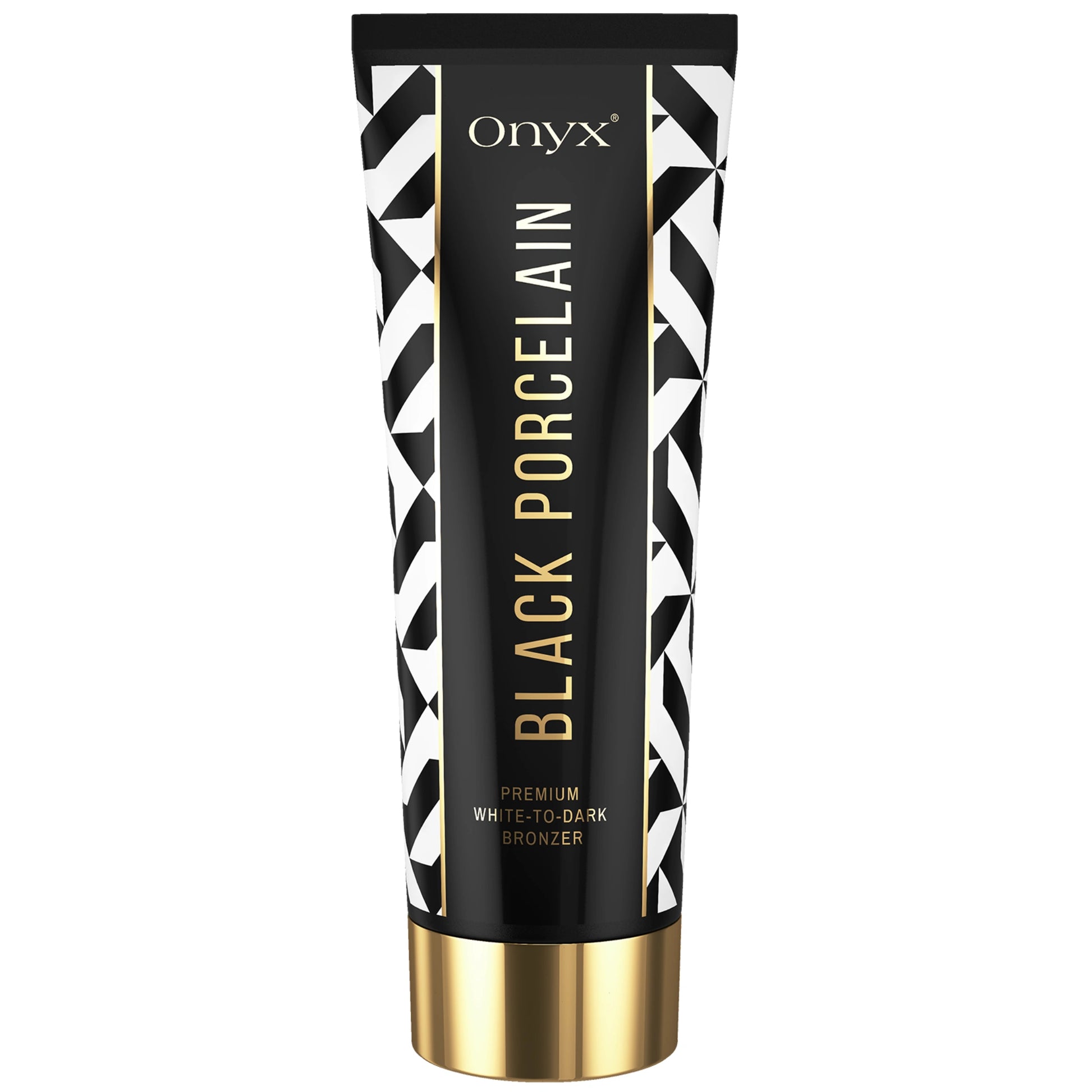 Onyx Black Porcelain cream standing upright on white background with gold cap
