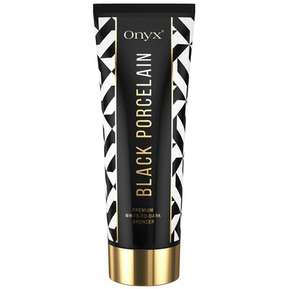 Onyx Black Porcelain cream standing upright on white background with gold cap
