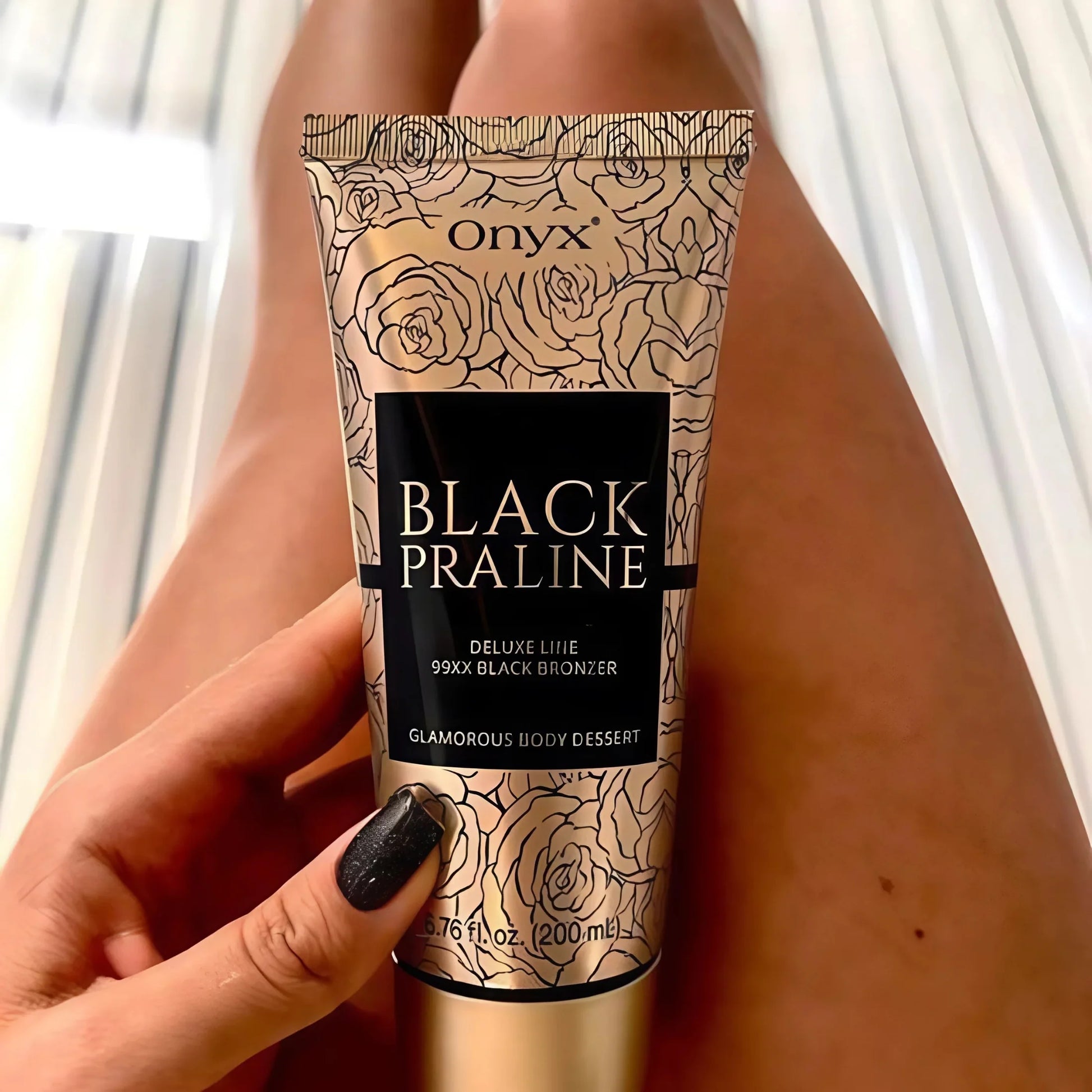 Close-up of legs on a sunbed, Onyx Black Praline tanning cream giving an even, deep bronze finish