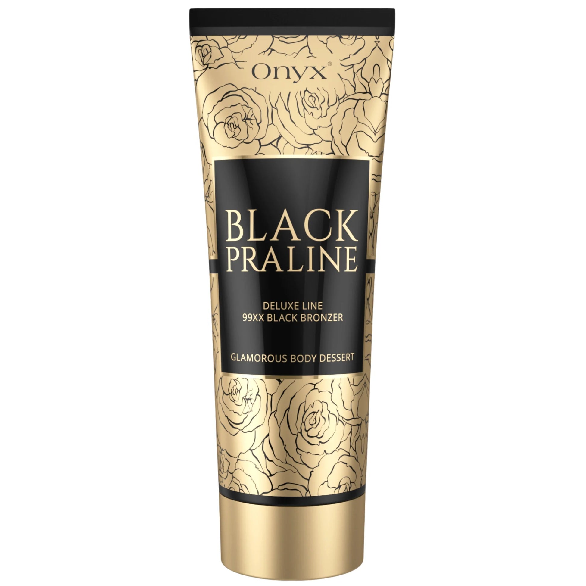 Product shot of Onyx Black Praline tanning cream in a golden floral tube on a light background, elegant and refined design