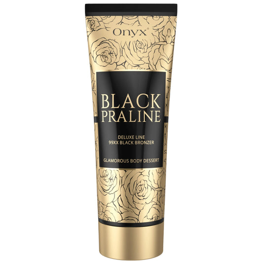 Product shot of Onyx Black Praline tanning cream in a golden floral tube on a light background, elegant and refined design
