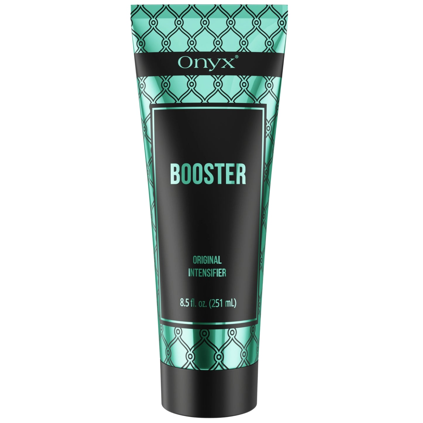 Close-up of Onyx Booster sunbed accelerator cream tube 251 ml packaging for indoor tanning