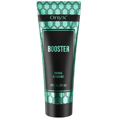Close-up of Onyx Booster sunbed accelerator cream tube 251 ml packaging for indoor tanning