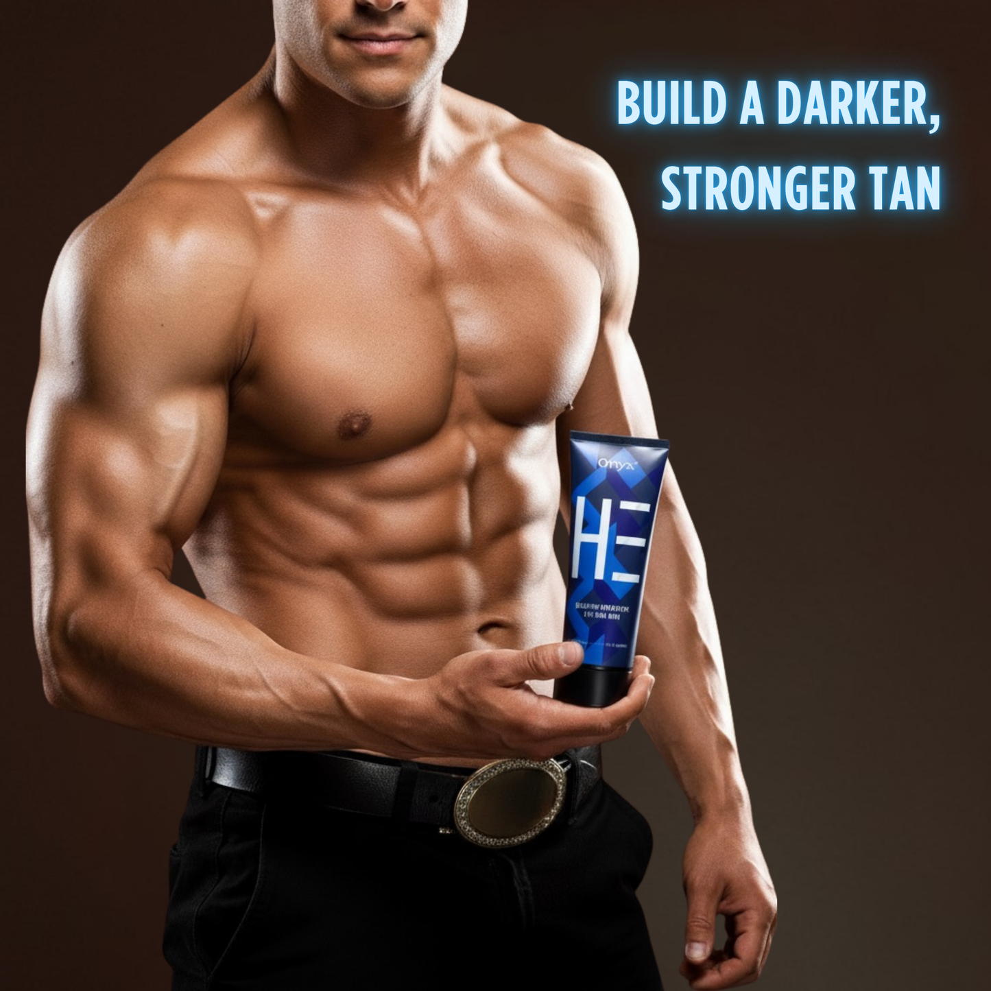 Muscular man holding Onyx HE men’s sunbed cream, showing darker stronger tan results with bronzing accelerator