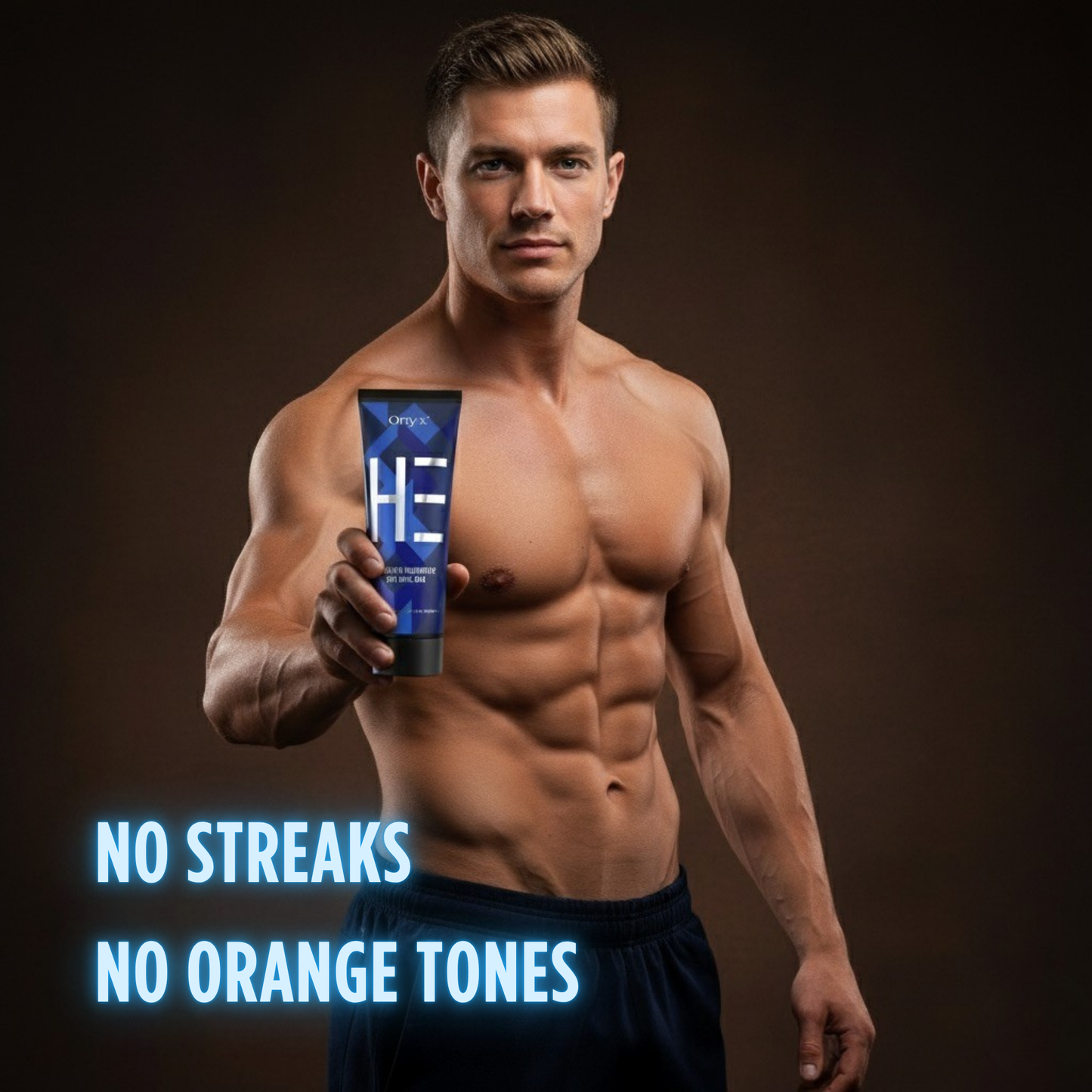 Man presenting Onyx HE sunbed cream with no streaks or orange tones, natural dark tan for men