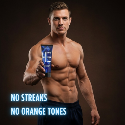 Man presenting Onyx HE sunbed cream with no streaks or orange tones, natural dark tan for men