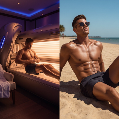 Man tanning indoors in a sunbed and outdoors on the beach using Onyx HE tanning accelerator for men
