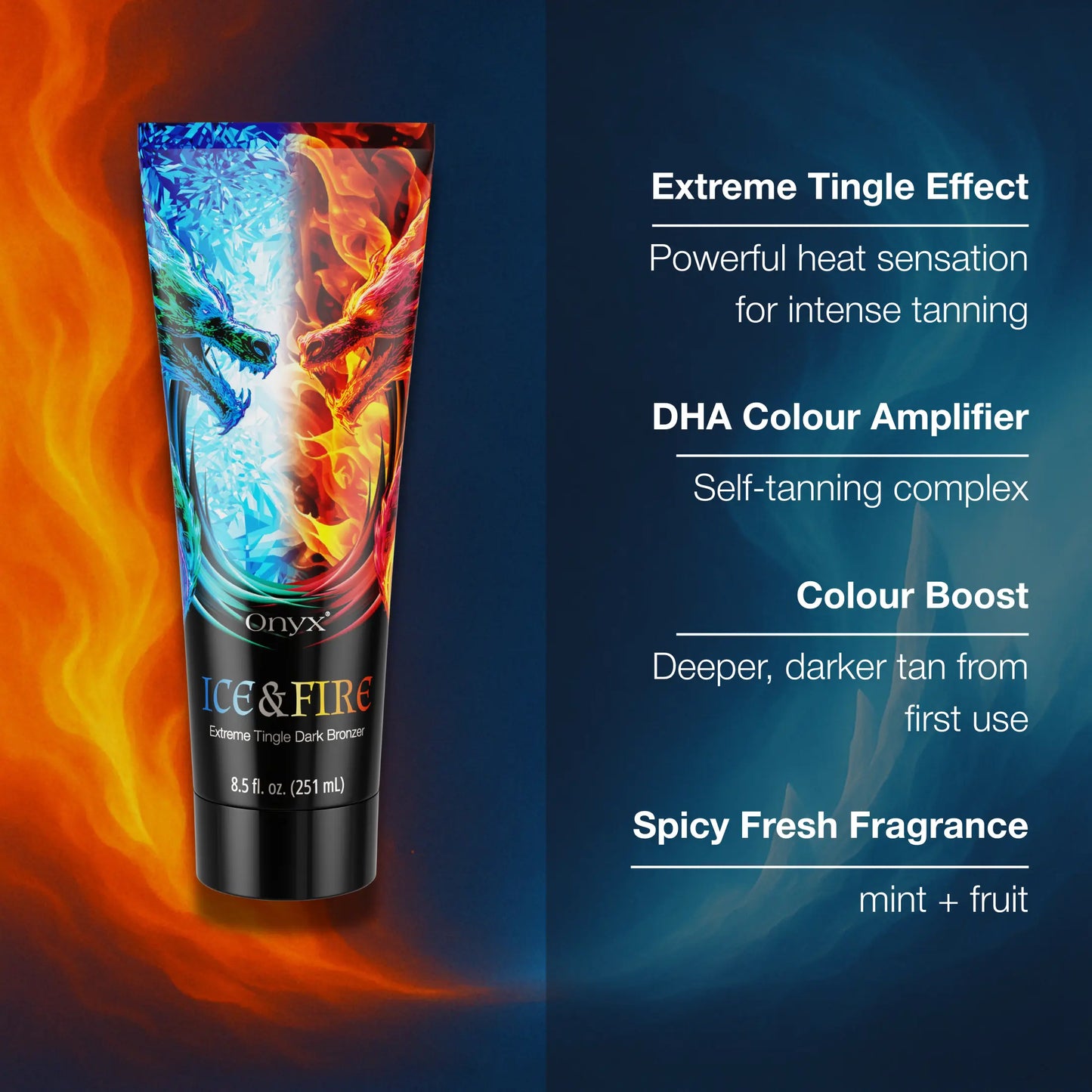 Onyx Ice & Fire bronzer tube shown with listed tanning benefits including colour boost and spicy fresh fragrance.