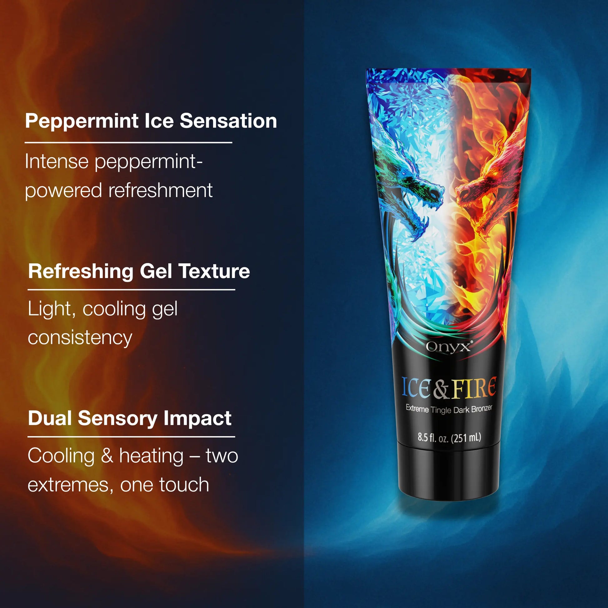 Onyx Ice & Fire bronzer highlighting peppermint ice sensation, cooling gel texture and dual hot-cold tanning impact.
