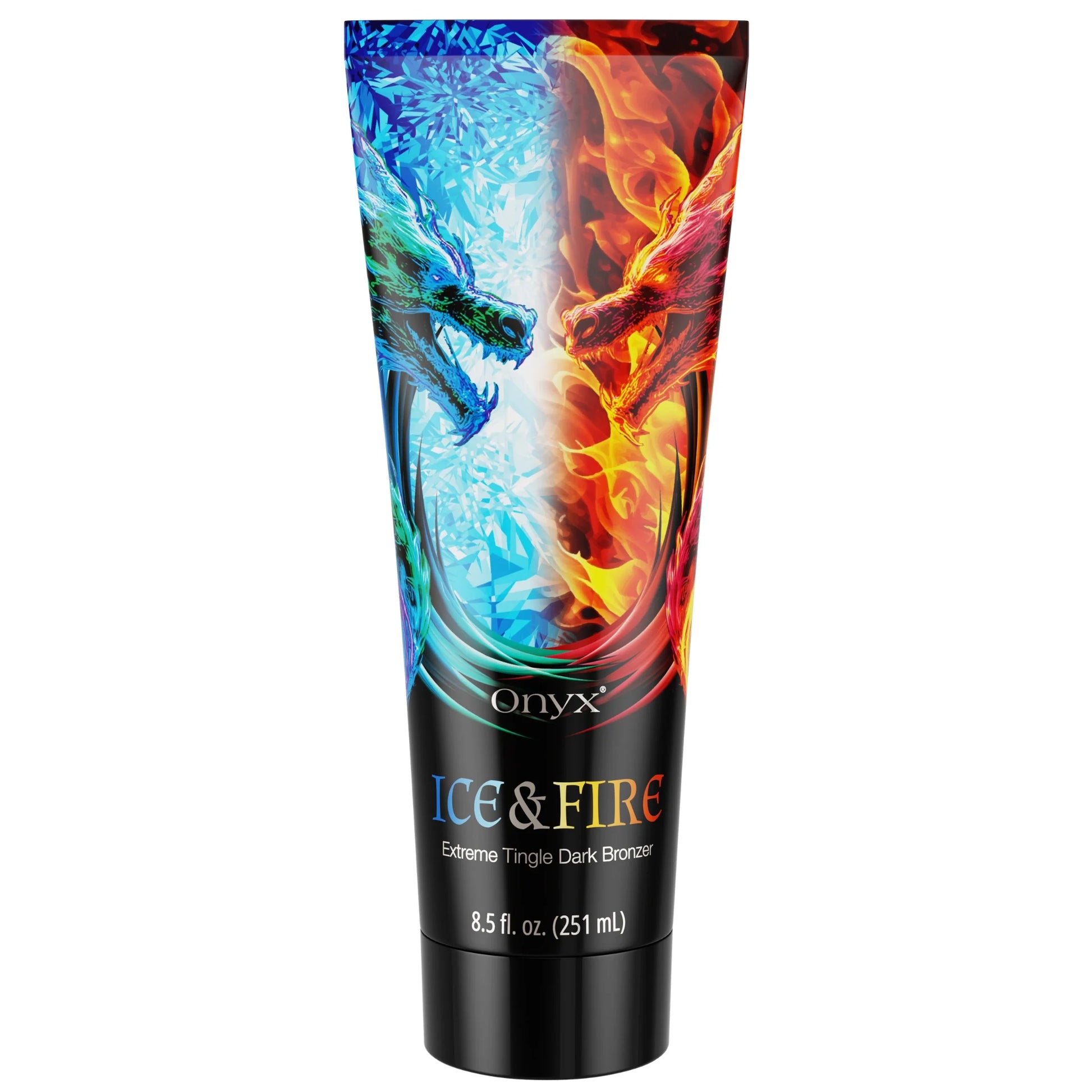 Product photo of Onyx Ice & Fire Extreme Tingle Dark Bronzer showing fiery and icy dragon design on the tube.