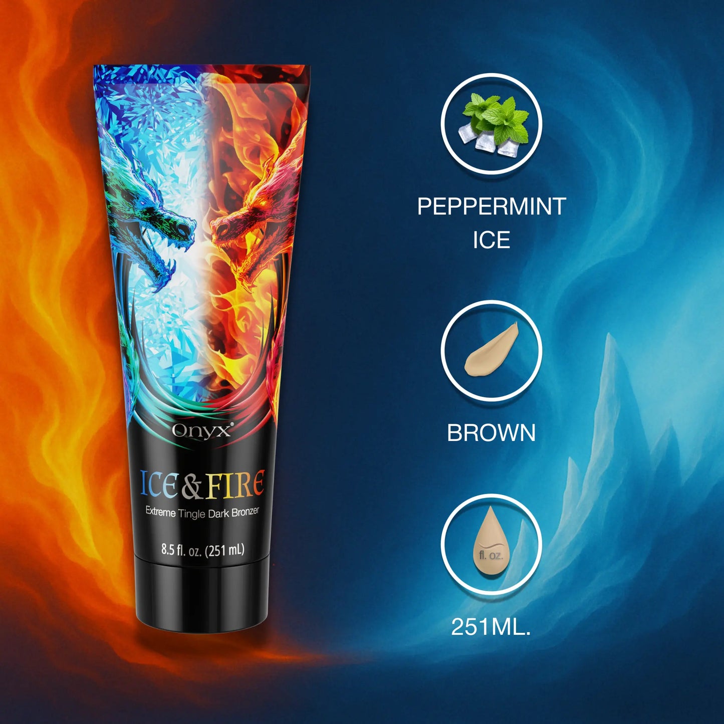 Onyx Ice & Fire tanning cream shown with peppermint ice scent, brown tone and 251ml packaging details.