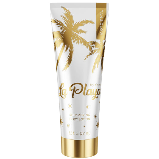 Studio photo of a white and gold tube of shimmering body cream standing upright on a plain background