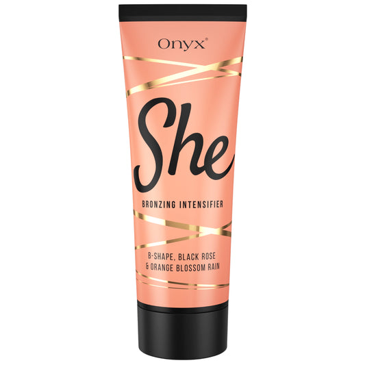 Front view of Onyx She Bronzing Intensifier tube on white background showing the peach and gold packaging design