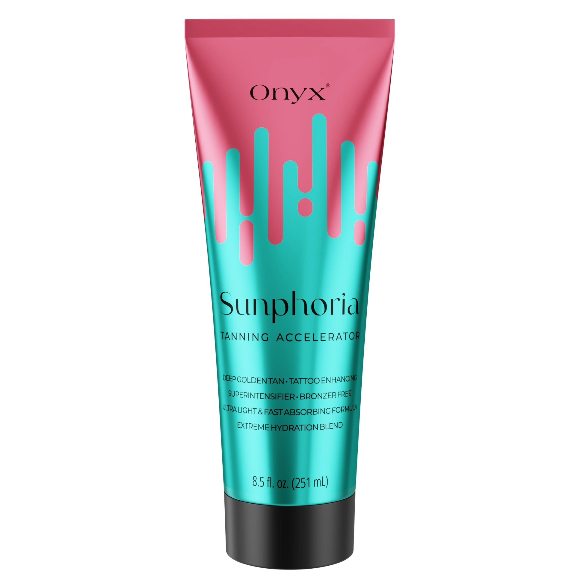 Close-up of Onyx Sunphoria sunbed tanning accelerator cream tube 251 ml product packaging