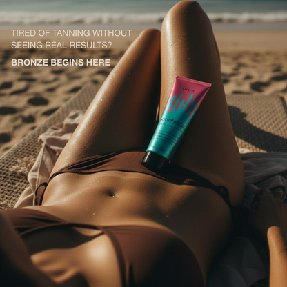 Woman relaxing on a sun lounger with Onyx Sunphoria on her stomach, a tanning lotion helping to achieve faster and more noticeable tanning results.