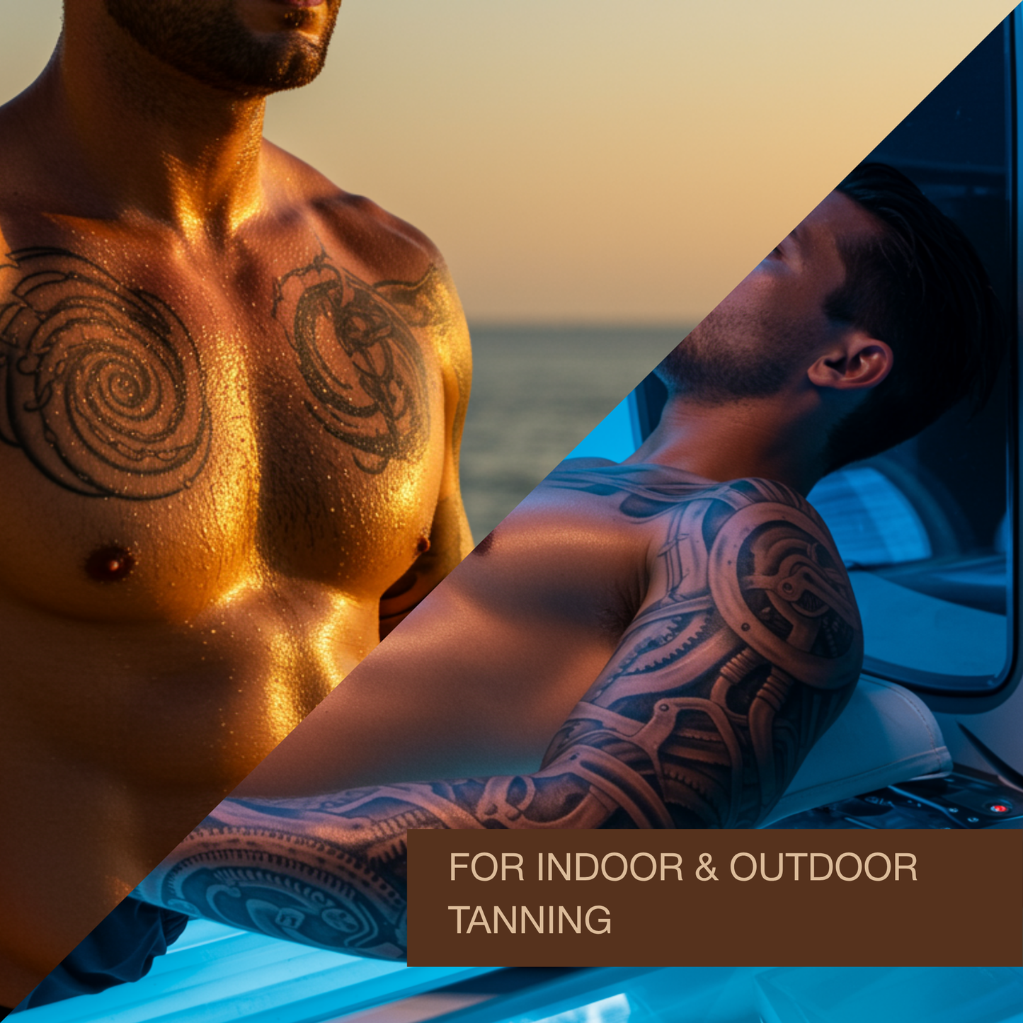 Man tanning indoors in a sunbed and outdoors at sunset using Onyx Tattoo bronzing sunbed cream for even dark tan