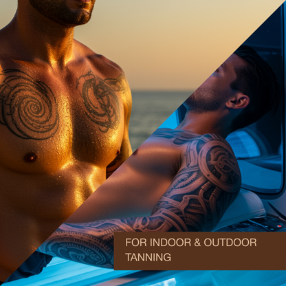 Man tanning indoors in a sunbed and outdoors at sunset using Onyx Tattoo bronzing sunbed cream for even dark tan