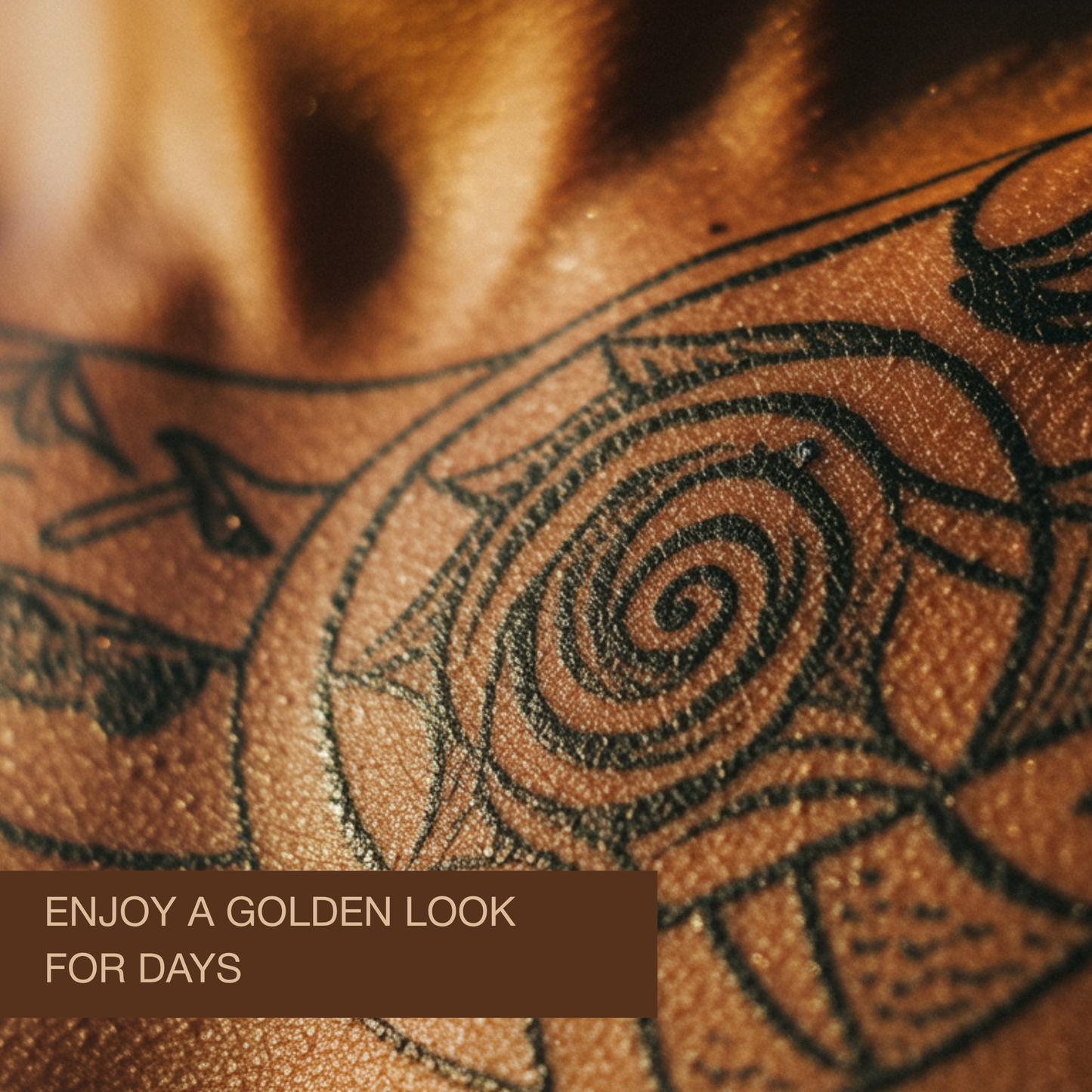 Close-up of tattooed skin glowing under sunlight, showing long-lasting golden tone after Onyx Tattoo sunbed cream