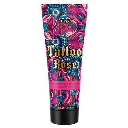Onyx Tattoo Rose dark tanning cream in colorful pink, blue, and gold packaging standing upright on white background