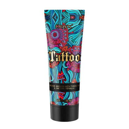 Onyx Tattoo sunbed cream power bronzer with tyrosine and ink care formula, designed to enhance dark tan and protect tattoo colour