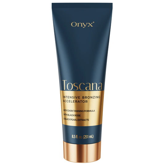 Onyx Toscana tanning cream tube on white background, front view packaging shot, 251 ml 
