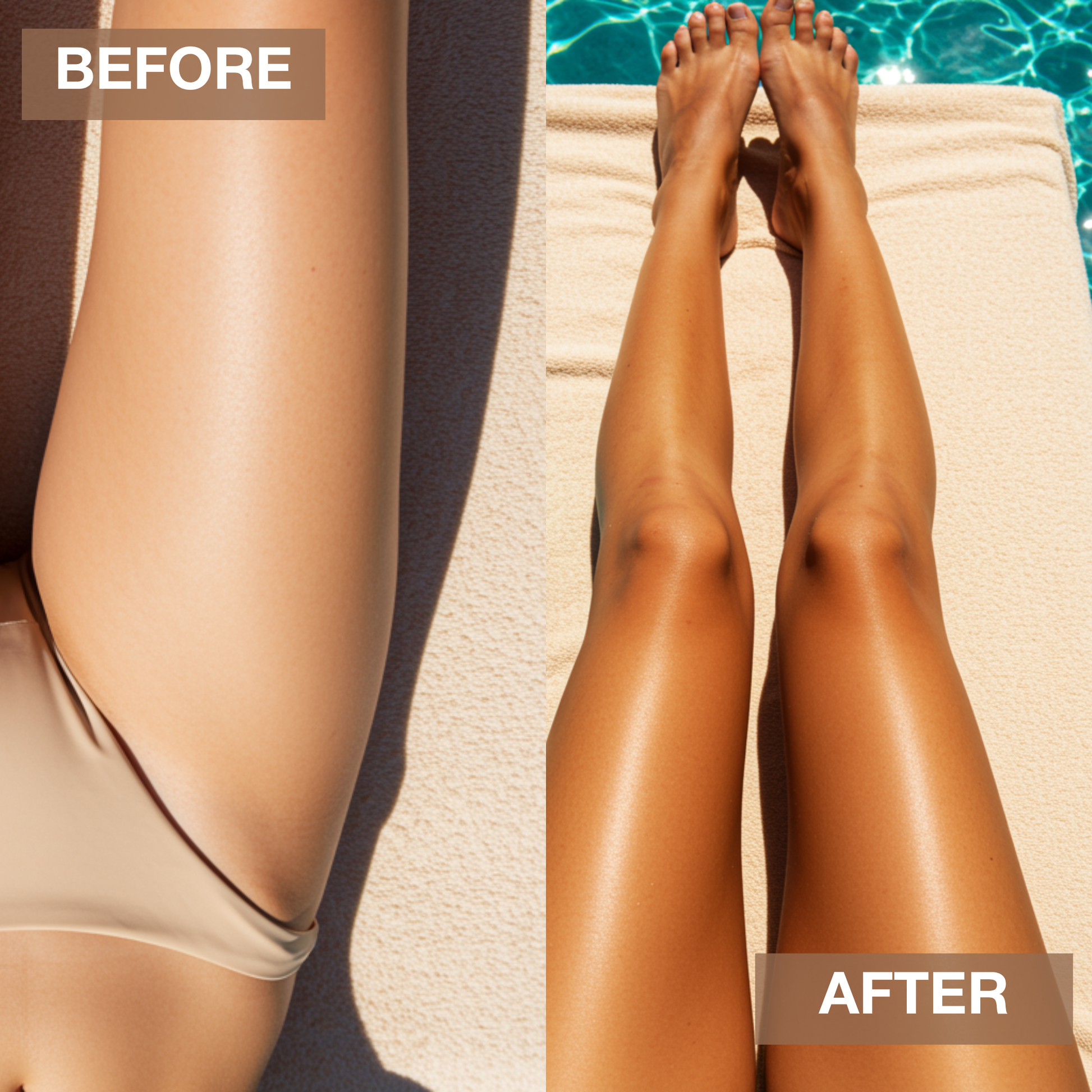 Before and after comparison showing visible tanning results on legs after using Onyx X-LEGS bronzing cream by the poolside