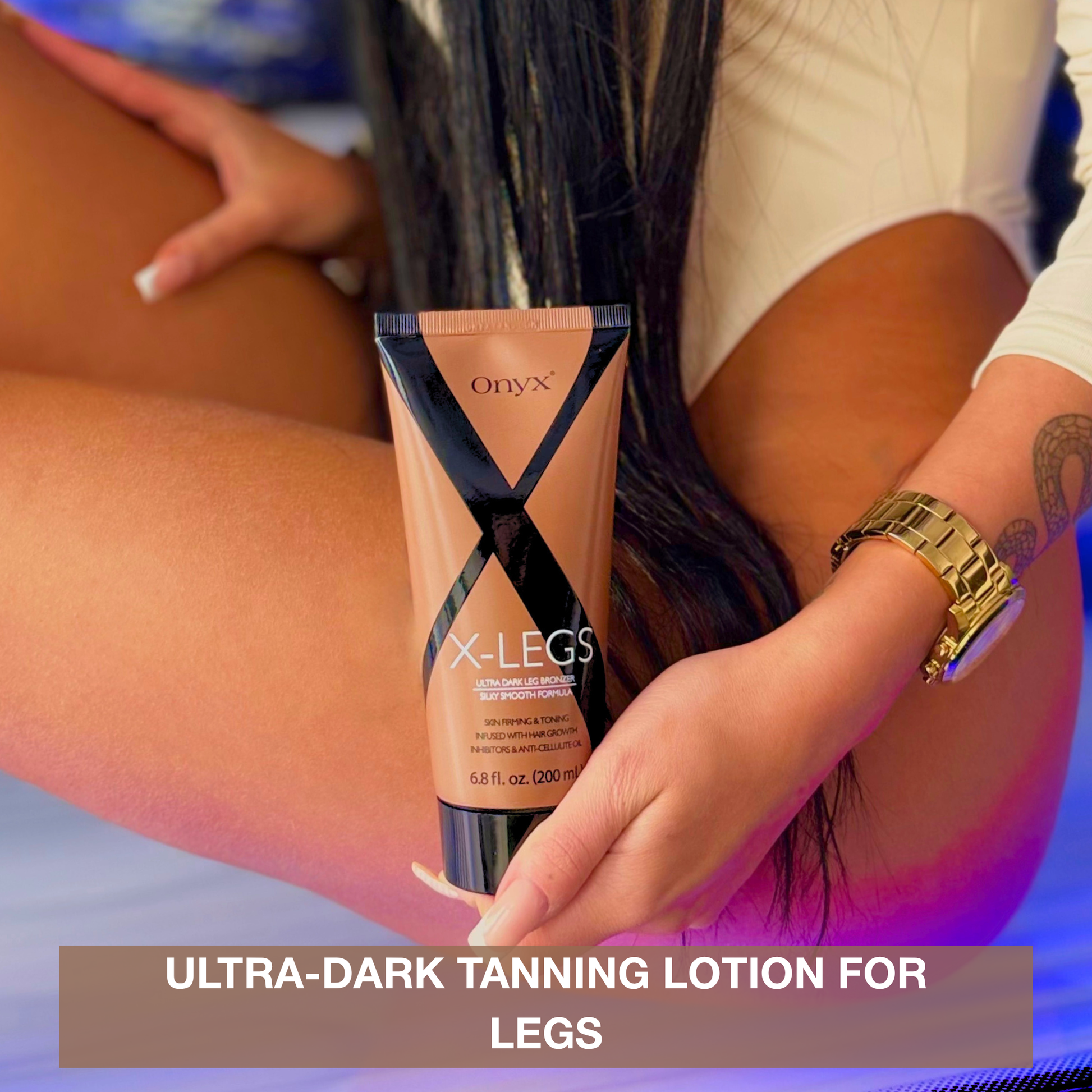 Close-up of a woman holding Onyx X-LEGS ultra-dark tanning cream for legs, highlighting silky, bronzed skin tone
