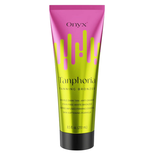Tanphoria Tanning Bronzer by Onyx shown alone on a white background, highlighting its vibrant pink and green packaging.